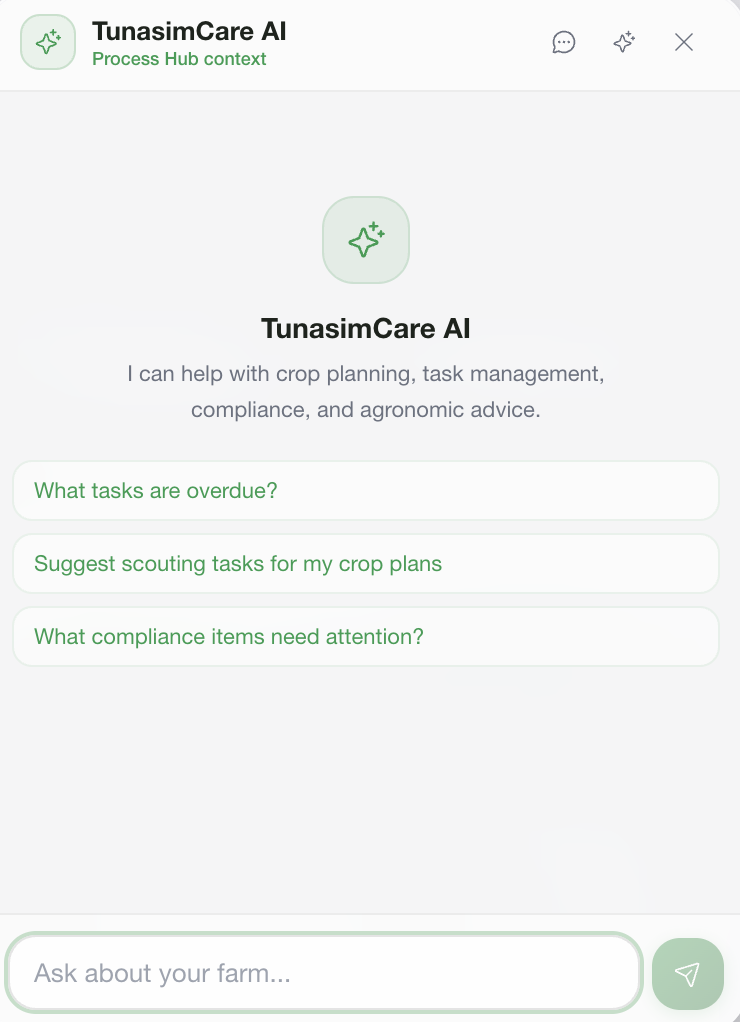 TunasimCare AI assistant with farm, task, compliance, and agronomic prompts