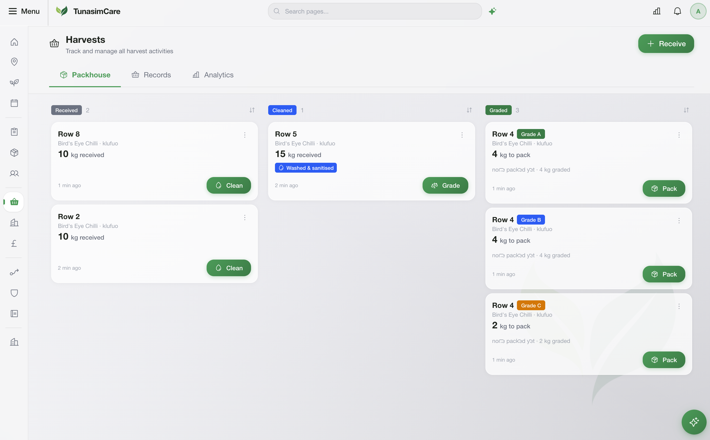 TunasimCare harvest workflow board